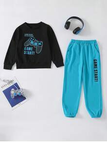 2pcs/Set Older Boys' Casual Gaming Controller Print Long Sleeve Sweatshirt And Pants Suit, Street Fashion Warm Outfit For Spring, Autumn & Winter - Blue - View 6