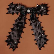 1pc Elegant Large Black Fabric Bow Hair Clip, Satin Beaded Wedding Hair Accessory - Bow Hairpin - View 3