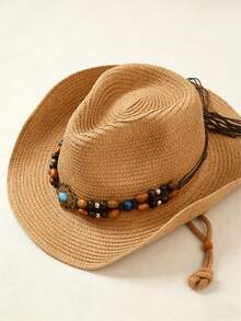 1pc Unisex Wide Brimmed Straw Hat, Sun Protection Western Cowboy Hat/Cowboy Hat, Summer Beach Sun Protection Rope Hat, Portable Folding Design,The Color Of The Windproof Rope For The Hat Is Random. - Beaded Straw Hat - View 4