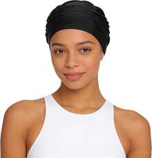 Fabric Swimming Cap For Women Pleated Swim Hat Breathable Bathing Shower Cap Solid Color Chemo Turban Hat - màu đen - Xem 3