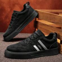 2026新款男鞋，黑色绒面革拼接低帮运动鞋，银白条纹休闲鞋，厚底增高日常百搭鞋履 - 黑色 - 查看 5