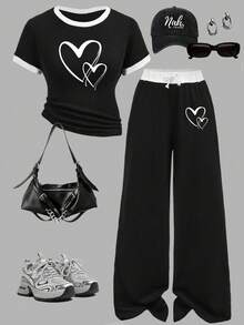 Teen Girl Heart Print Short Sleeve T-Shirt And Wide Leg Pants Casual Outfit - Black - View 1