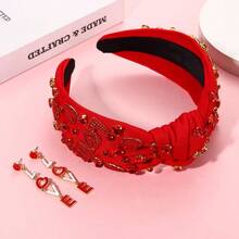 Valentineu2019s Day Headband Women Love XOXO Heart Headbands Jeweled Conversation Heart Knotted Headband Pink Red Top Knot Valentineu2019s Day Accessories Gifts White Set - 愛心套裝 - 查看 4
