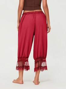 Women Y2K Half Slip Under Dress Pettipants Mid Rise Lace Patchwork Bloomers Trousers Ruffle Pantaloons Cropped Flared Pants Cute Pumpkin Long Pants - Cam đỏ - Xem 6