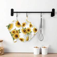 Yellow Sunflower Oven Mitts Pot Holders Set Silicone Heat Resistant Sunflowers Oven Mitts And Hot Pads Yellow Flowers Potholders Non-Slip Oven Gloves For CooFKing BaFKing Grilling BBQ,Yellow - 黃色的 - 查看 8