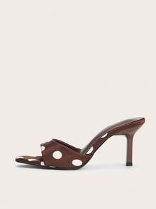 Buckle Party Sexy Coffee Round Toe Open Toe Faux Silk Polka Dot Backless Stiletto High Heel Sandals - Coffee Brown - View 2