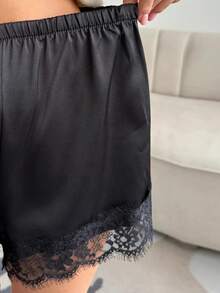 Satin Silk Boxers Shorts For Women Y2k Lace Trim Micro Mini Pajama Shorts French Knickers Low Rise Coquette Lounge Slip Pj Bottoms - 黑色 - 查看 8