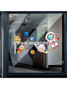 1pc Window Decal, Space Adventure Cartoon Astronaut Planet Space Removable Sticker, Astronaut Rocket Static Planet Pattern Window Decal, Children's Room Decoration, Classroom And Playroom Decoration, Birthday Gift And Party Supplies, Solar System Bedroom Decoration, Suitable For Toddlers - Multicolor - View 4