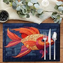 1件/4件/6件装刺绣鱼纹亚麻餐垫，适用于餐桌，四季皆宜，现代可水洗餐垫，房间装饰，杯垫，厨房餐垫，室内外派对装饰，家居装饰，理想礼品 - 彩色 - 查看 2