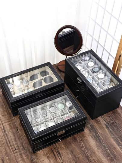 1pc,Watch Box Organizer With Clear Lid, 2/3/6/10/12 Grids Watch Storage Case With Soft Lining & Mirror, PU Leather Watch Display Box For Men/Women (Size Options: S/M/L/XL/XXL)