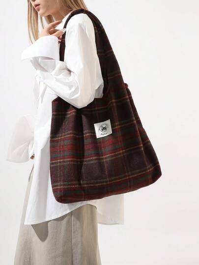 1 avslappnad och snygg rutig tygväska, stor axelväska med dubbelt handtag för kvinnor, hopfällbar och lätt tygväska, shoppingväska, lämplig för kvinnor och studenter på semester, till skolan och shopping.