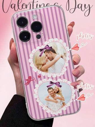 1pc Customized Valentine's Day Heart Design 2 Images Personalized Transparent Perforated Lens Protective Phone Case, Suitable For IPhone17 Air 16 15 14 13 12 11promax, Galaxy S25 24 23 ULTRA FE A55 54 35