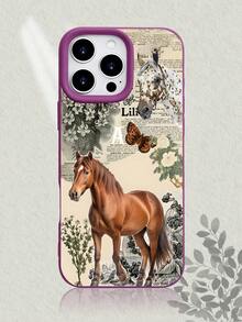 Vintage Horse & Floral Print Phone Case With Butterfly, Retro Newspaper Collage Design, Skin - Friendly Touch, Shockproof & Scratch - Resistant, Stylish & Premium Cover For IPhone 17/16/15/14/13/12/11 Series - 白色 - 查看 4