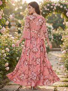 女士休闲A字连衣裙，V领，七分喇叭袖，印花梭织面料，夏季，度假春季优雅款 - 西瓜粉 - 查看 2