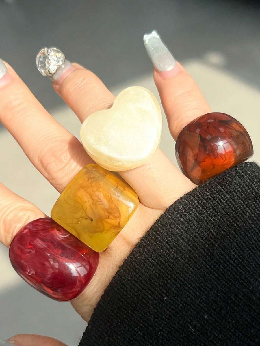 4 chiếc nhẫn nhựa kiểu cổ điển thanh lịch, thiết kế tối giản, phù hợp đeo hàng ngày, mùa thu/đông (Sai số 0.5cm là bình thường) - 4 cái A - Xem 1