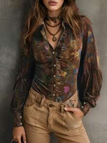 女士休闲纯色荷叶边领长袖开衫衬衫，适合日常通勤、秋冬季度假及春季穿着。 - 彩色 - 查看 2