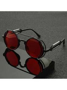 Unisex Steampunk Glasses - Vintage Industrial Style Red Tinted Lenses, Large Round Frame, Suitable Halloween, Role, Gothic Party - Retro Futuristic Party Glasses Men And Women LW3X - 紅色 D - 查看 2