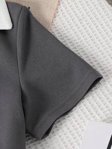 Teen Girl Casual Everyday Commute Letter Print Contrast Collar Short Sleeve Polo Shirt And Wide Leg Pants Set, Spring/Summer/Autumn - Dark Grey - View 3