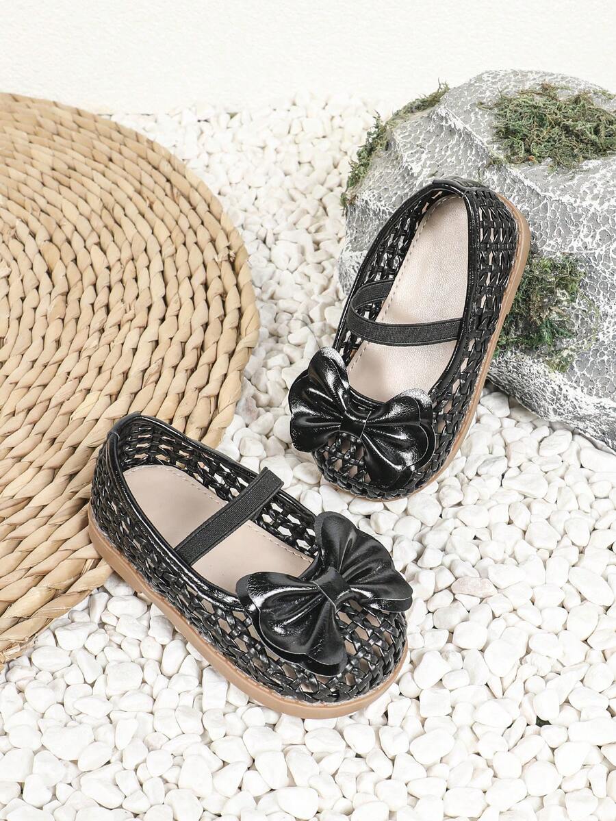1 Pair Girls' Casual Bow Hollow-Out Flat Princess Shoes, Suitable For Spring/Summer - Black - View 1