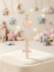 Bộ 2 chiếc dây chuyền mặt chữ và thánh giá tối giản thời trang cho trẻ em, thích hợp cho bé gái dự tiệc bãi biển, kỳ nghỉ, trang phục thường ngày, quà Giáng sinh và sinh nhật. - Hồng - Xem 3
