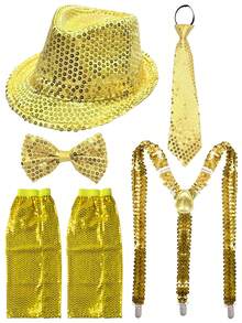 5件套 Forever & Moment 70年代成人角色扮演服装配饰套装，男女皆宜，包括亮片帽、领结、领带、吊带、腿套 - 适用于演唱会服装、迪斯科主题派对、经典流行巨星角色扮演舞蹈表演、情人节服装