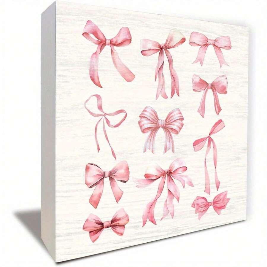 2D Flat Design, Girly Pink Bow Decorative Wall/Desktop Ornament-Light Beige Bow Embellished Sign, 12.7 X 12.7 Cm (5 Inches) Artificial Wood Desktop Decoration, Suitable For Bedrooms, Dormitories-Elegant Girly Room Decoration For Birthdays And Weddings, 2D Flat Design. Valentine's Day - trắng - Xem 1