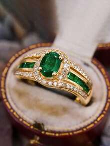 1 pieza Anillo con dije con circonita cúbica incrustada, adecuado para mujeres, puede usarse como regalo de boda o Día de San Valentín - Amarillo Oro - Ver 10