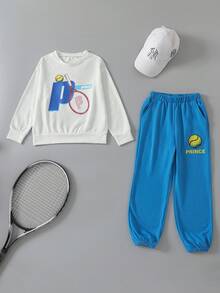 2pcs/Set Boys' Baseball Print Long Sleeve Top And Drawstring Pants Casual Sports Sweatshirt And Sweatpants Set, Spring/Autumn/Winter - Blue - View 7