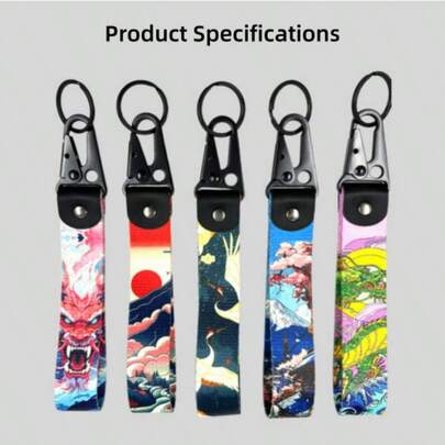 AD Japanese Wave Pattern Ribbon Keychain - Ukiyo-E Landscape Design Eagle Beak Clasp Motorcycle Keyring, Unique Accessory