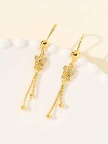 2件套女士24K金蝴蝶耳环，镶嵌宝石，配有垂坠链条，防锈，是情人节、特殊场合和日常佩戴的完美礼物