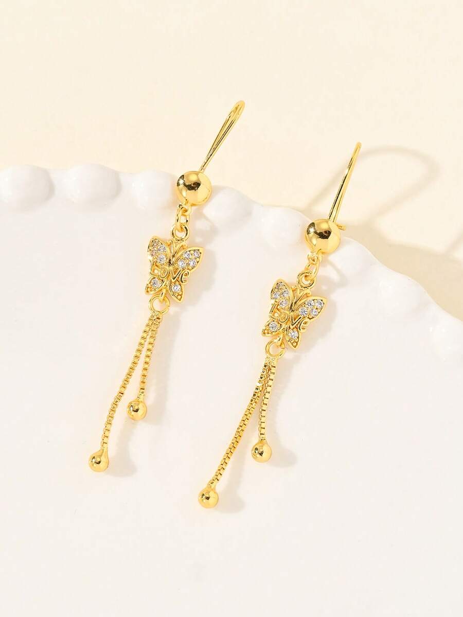 2件套女士24K金蝴蝶耳环，镶嵌宝石，配有垂坠链条，防锈，是情人节、特殊场合和日常佩戴的完美礼物