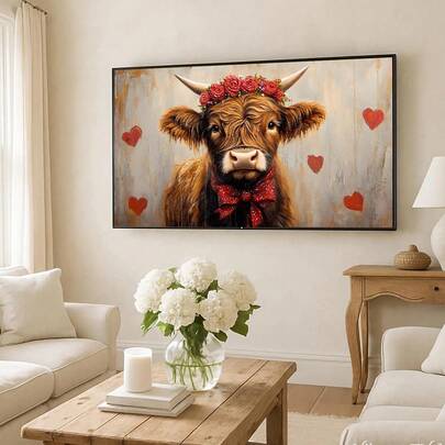 1PC Cute Cow Frame TV Art, Valentine's Day TV Art, Highland Cow Art, Farm Art For The Tv, Valentines Artwork Frame TV,Canvas Art Wall, Room Posters, Home Decoration, Room Decoration Items, Bedroom,Living Room, Corridor Decoration