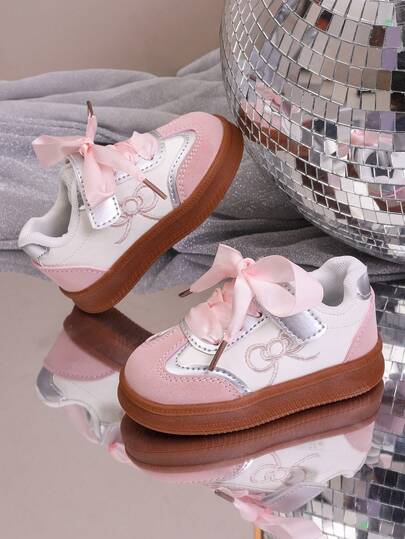 1 Pair Girls' New Bow Decor Low-Top Sneakers, Soft Sole Anti-Slip Infant Casual Toddler Shoes, Fashion Versatile Children Canvas Shoes, Suitable For All Seasons