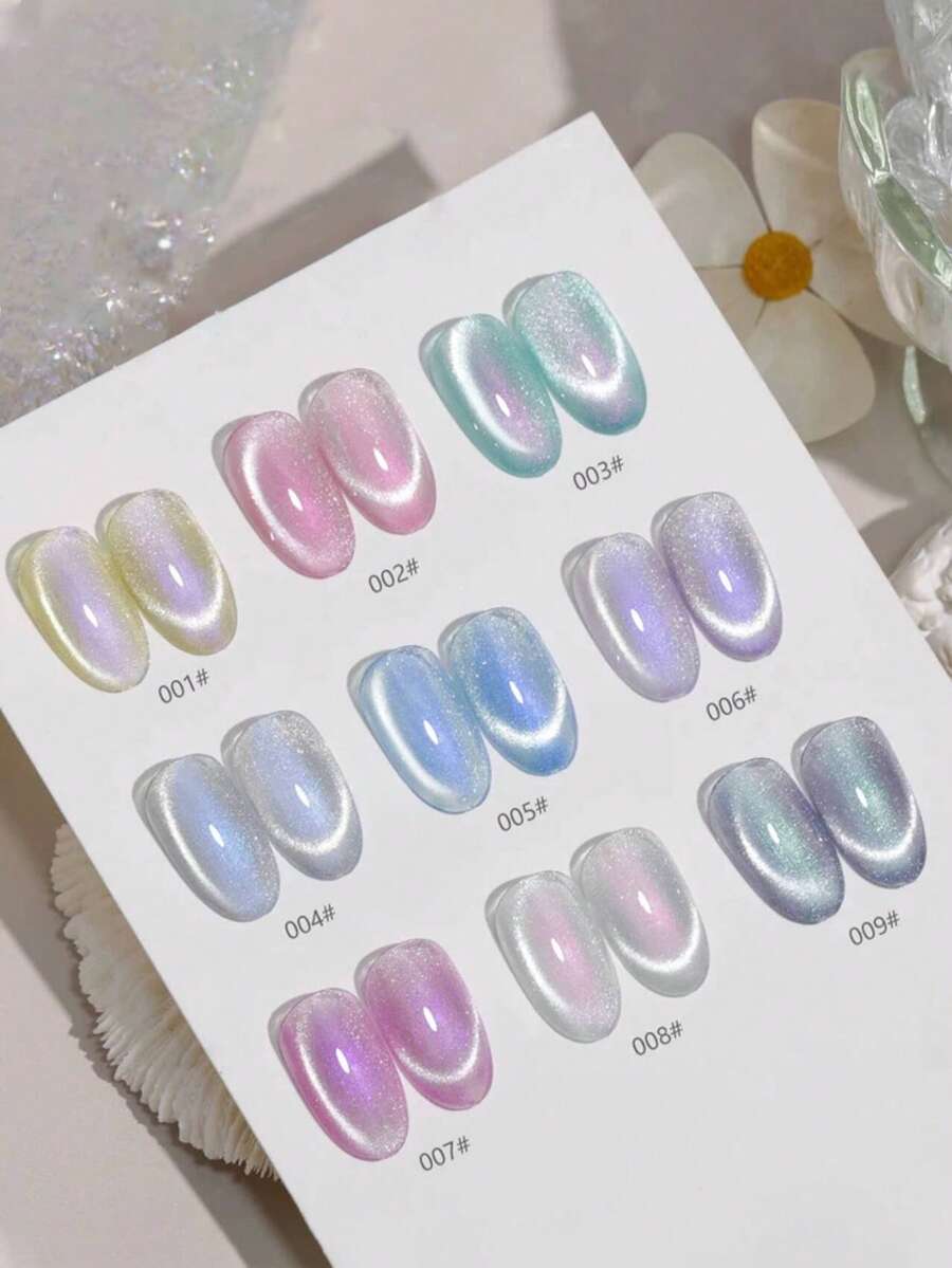 Miss Leia 1-9 15ml 春夏炫彩美人鱼猫眼凝胶指甲油。采用全新极光玻璃珠猫眼设计。流行色，透明凝胶质地。适合新手。UV/LED灯固化。可浸泡，实现半永久性美甲。适用于美容院和美甲沙龙。DIY、居家、节日礼物（女士）。美甲艺术。指甲