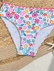 少女比基尼套装，可爱针织圆领可调节肩带数码印花面料两件式泳衣，优雅迷人的欧美时尚休闲泳装，适合夏季游泳、海滩度假 - 彩色 - 查看 3