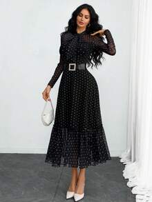Women's Elegant, Sexy, Romantic, Retro Polka Dot Double-Layer Bow Dress, Suitable For Commuting, Dating And Vacation - Black - View 6