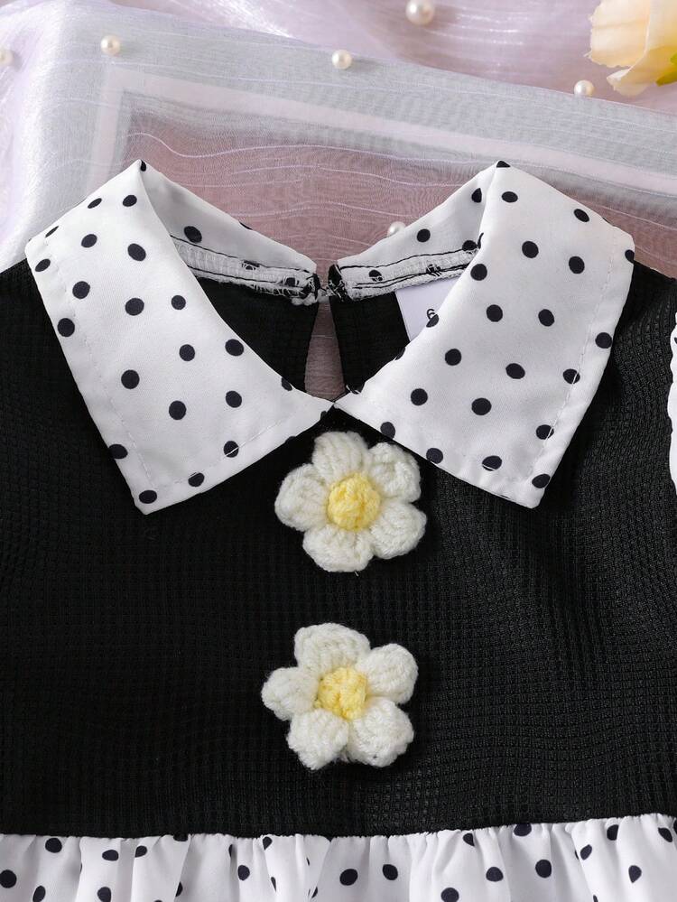 2pcs Baby Girl Elegant Outfit, Floral Polka Dot Splice Shirt With Ruffle Lantern Sleeve And Floral Embellished Black Flare Pants Set - Black - View 3