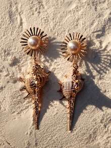 一对不对称天然贝壳吊坠耳环，时尚夸张的女士天然饰品，适合夏季海滩度假 - 彩色 - 查看 2