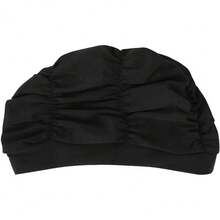 Fabric Swimming Cap For Women Pleated Swim Hat Breathable Bathing Shower Cap Solid Color Chemo Turban Hat - màu đen - Xem 9