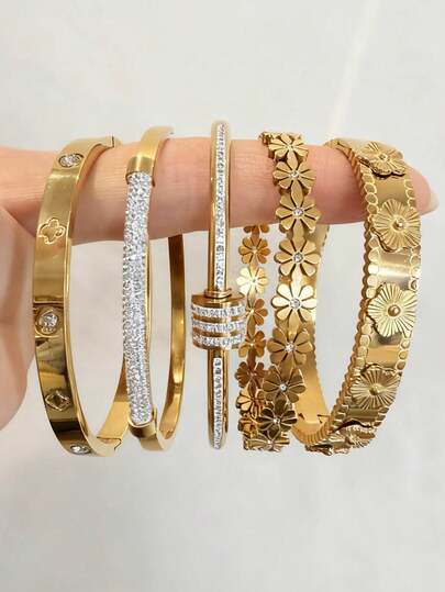 Znice New Fashionable Stainless Steel Cubic Flower Decor Bracelet, Suitable For Women's Daily Wear, Gift For Valentine's Day, Mother's Day