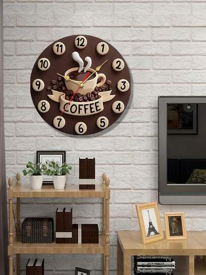 1pc 2D Coffee Cup Shaped Silent Wall Clock, Round Wooden Classic Dial, Fashionable Kitchen Decor, A Blessing For Coffee Lovers, Enjoy A Relaxing Morning, Battery Powered (Batteries Not Included)