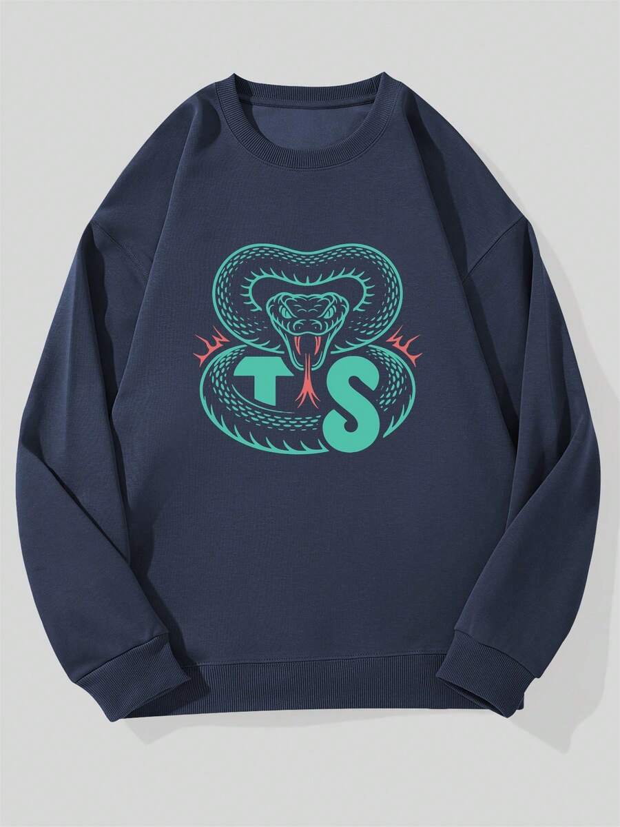 Men's Casual Crew Neck Sweatshirt With Snake Pattern - 藏蓝色 - 查看 1
