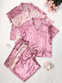 Women's Heart Print Silk Short Sleeve Pajama Set, Sleepwear & Loungewear - Multicolor - View 1