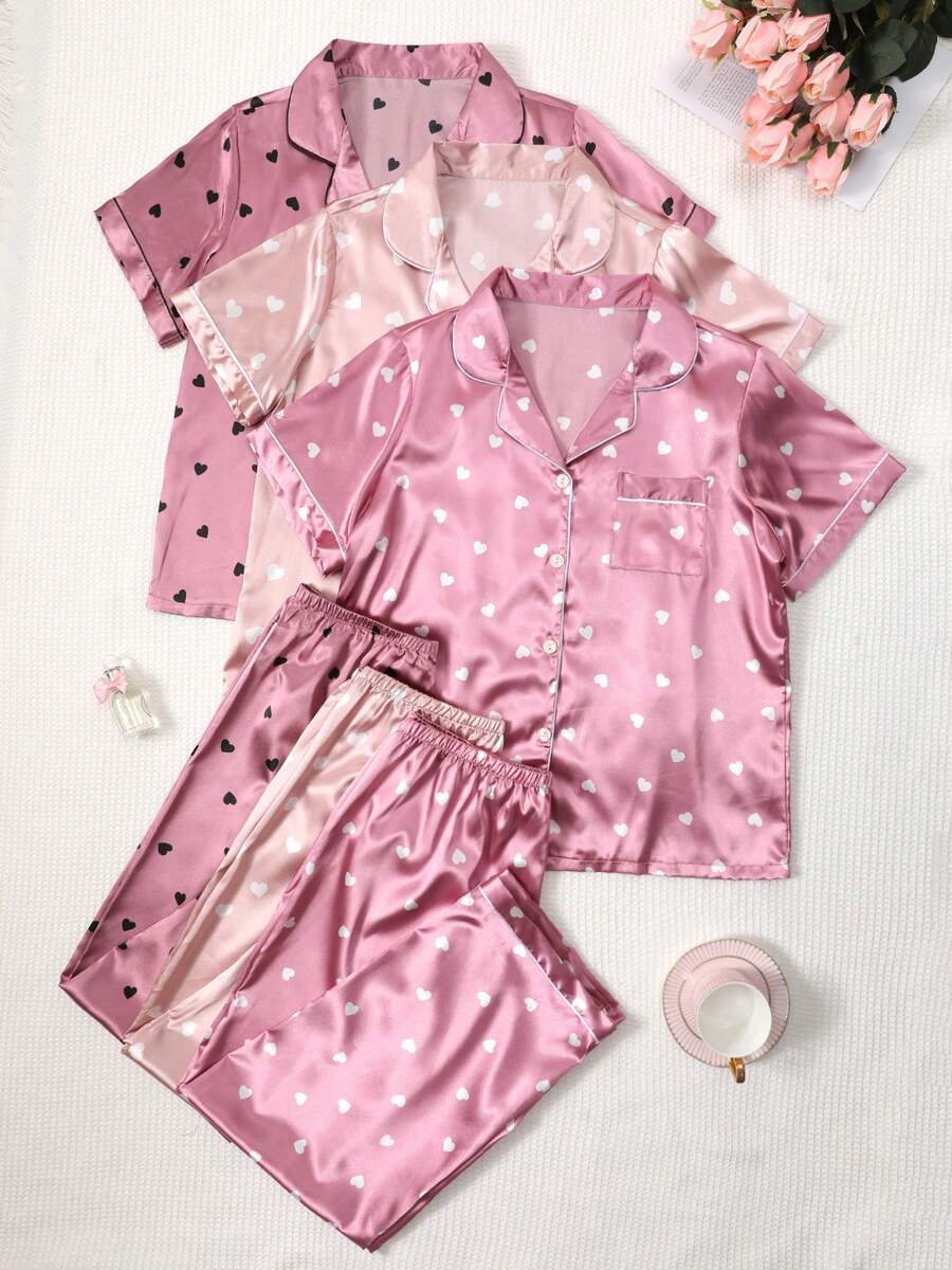 Women's Heart Print Silk Short Sleeve Pajama Set, Sleepwear & Loungewear - Multicolor - View 1