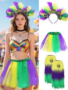 1/3pcs Set Novelty Carnival Costume Accessories Set, Including 1pc Tutu Skirt, 1pc Feather Headpiece And 1 Pair Furry Leg Warmers, Suitable For St. Patrick's Day Party, Cosplay Carnival, Carnival Leggings, Street Party Props, Photo Props And Party Supplies. - Multicolor - View 1