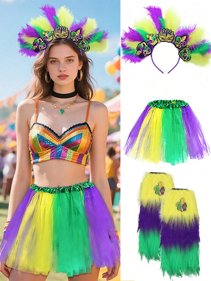 1/3pcs Set Novelty Carnival Costume Accessories Set, Including 1pc Tutu Skirt, 1pc Feather Headpiece And 1 Pair Furry Leg Warmers, Suitable For St. Patrick's Day Party, Cosplay Carnival, Carnival Leggings, Street Party Props, Photo Props And Party Supplies. - Multicolor - View 1