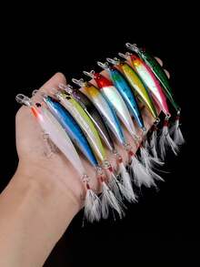 Minolua 饵料 - 一套带羽毛钩的人造饵料 - 亮面人造摆动鱼饵，ABS材质，适用于鲈鱼垂钓，含鱼钩 - 彩色 - 查看 4