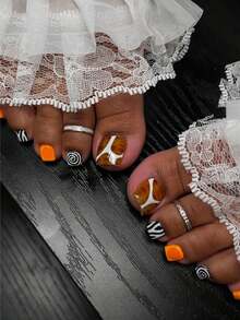 24片短方形豹纹法式压花美甲贴纸，饰以斑马纹、光环圆圈和橙色腮红设计，印象派风格，完美贴合，包含1片果冻胶和1个指甲锉，适合女性和女孩日常佩戴以及各种派对场合。 - 彩色 - 查看 1