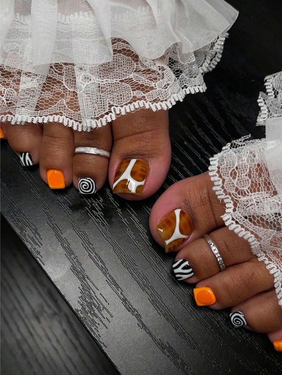 24片短方形豹纹法式压花美甲贴纸，饰以斑马纹、光环圆圈和橙色腮红设计，印象派风格，完美贴合，包含1片果冻胶和1个指甲锉，适合女性和女孩日常佩戴以及各种派对场合。 - 彩色 - 查看 1