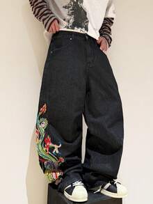 1pc Men's Loose Fit Embroidered Casual Wide Leg Pants, Comfortable Street Style Jeans, Versatile All Season - Black - View 5